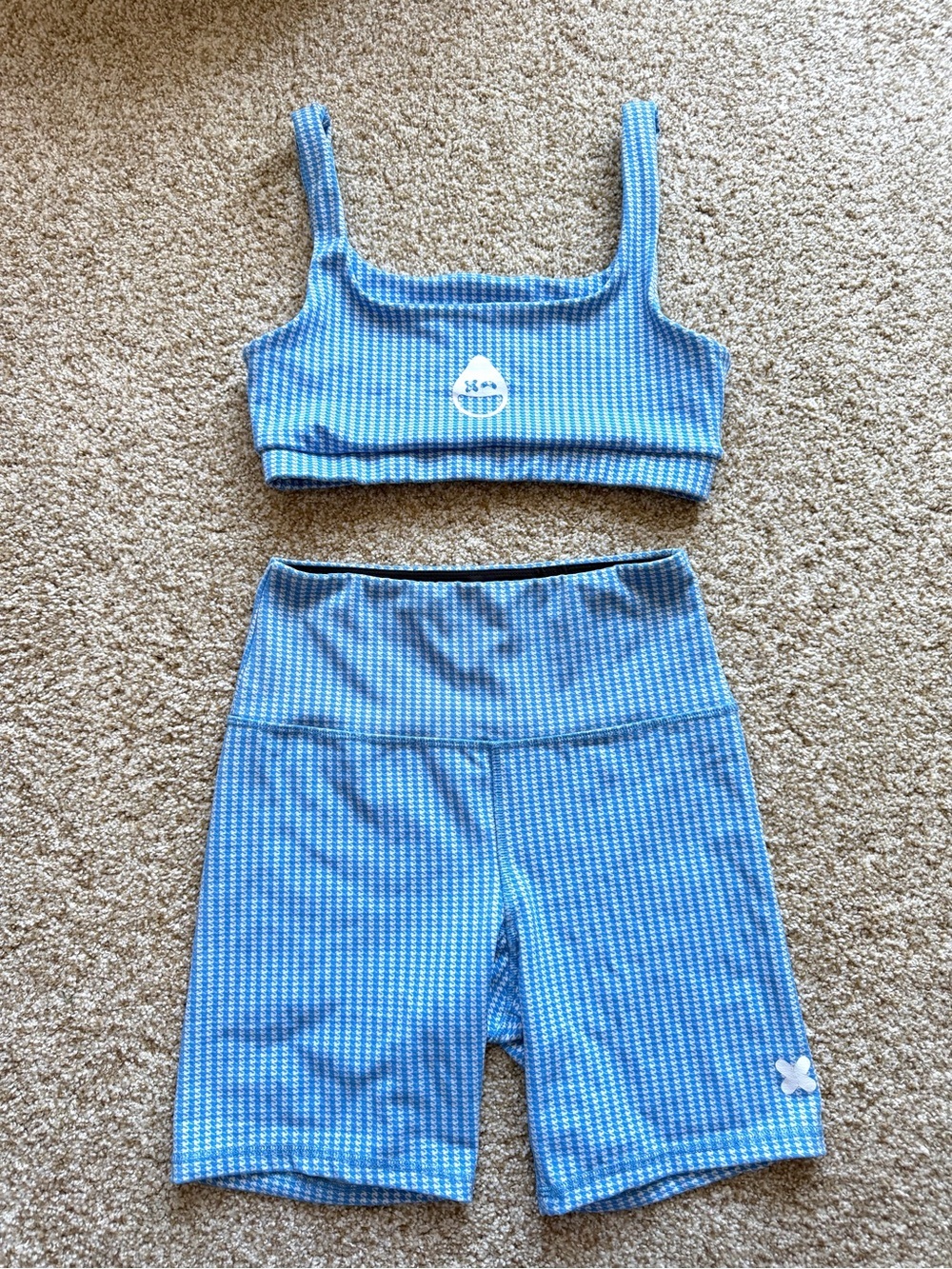 Strut This Workout Set Blue Gingham Houndstooth Bike Shorts and Sports Bra XL